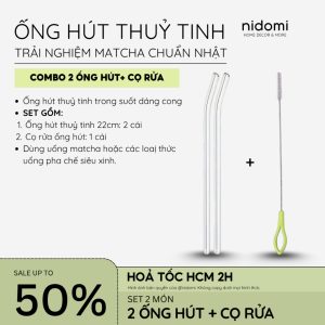 Ống Hút Thuỷ Tinh Cong Trong Suốt Và Cọ Rửa Dùng Uống Matcha, Trà Sữa, Trà Trái Cây